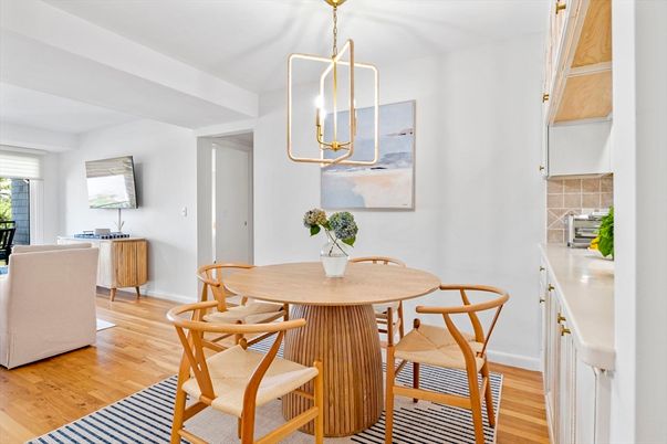 Dining room, Interior, Pendant Lights, Wood Texture Flooring