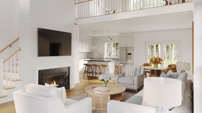 Dining room, Fireplace, Interior, Kitchen, Living room, Pendant Lights, Wood Texture Flooring