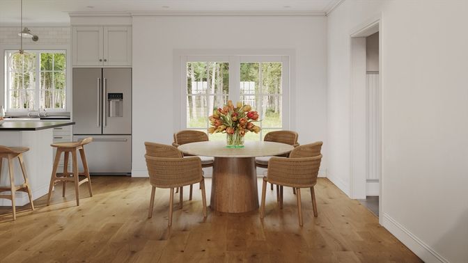 Dining room, Interior, Kitchen, Pendant Lights, Wood Texture Flooring
