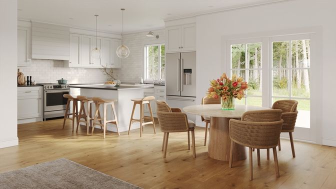 Dining room, Interior, Kitchen, Pendant Lights, Recessed Lighting, Stainless Steel Appliances, Wood Texture Flooring