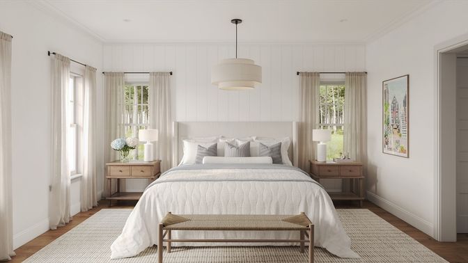 Bedroom, Interior, Pendant Lights, Recessed Lighting, Wood Texture Flooring