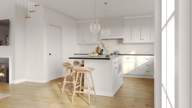Interior, Kitchen, Pendant Lights, Recessed Lighting, Wood Texture Flooring