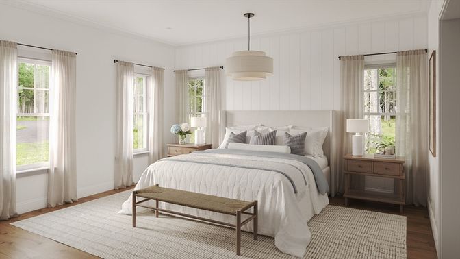 Bedroom, Interior, Pendant Lights, Wood Texture Flooring