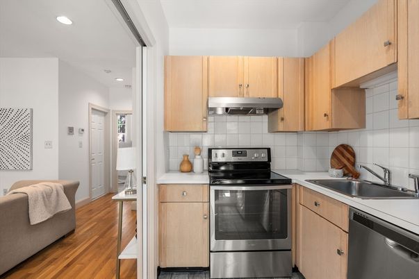 Interior, Kitchen, Recessed Lighting, Stainless Steel Appliances, Wood Texture Flooring
