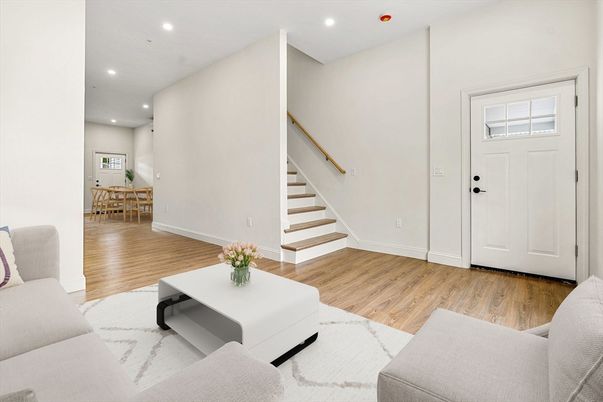 Dining room, Interior, Living room, Recessed Lighting, Wood Texture Flooring
