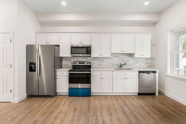 Interior, Kitchen, Recessed Lighting, Stainless Steel Appliances, Wood Texture Flooring