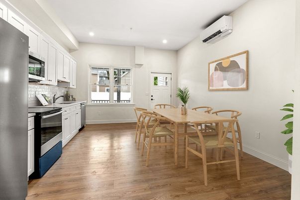 Dining room, Interior, Kitchen, Recessed Lighting, Wood Texture Flooring