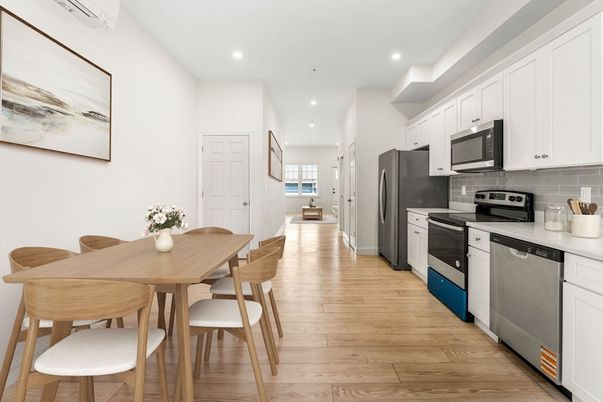Dining room, Interior, Kitchen, Recessed Lighting, Stainless Steel Appliances, Wood Texture Flooring