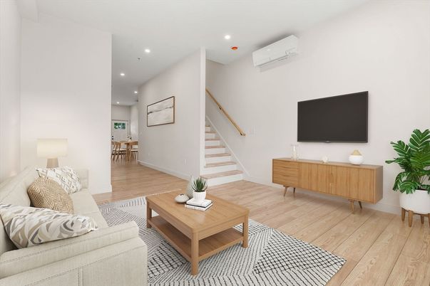 Dining room, Interior, Living room, Recessed Lighting, Wood Texture Flooring
