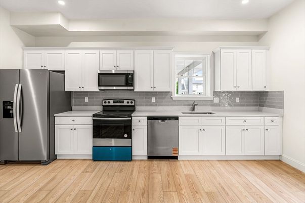 Interior, Kitchen, Recessed Lighting, Stainless Steel Appliances, Wood Texture Flooring