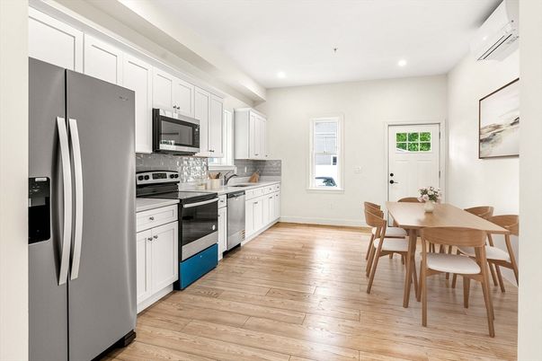 Dining room, Interior, Kitchen, Recessed Lighting, Stainless Steel Appliances, Wood Texture Flooring