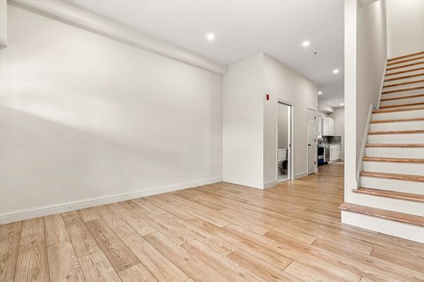 Empty room, Interior, Kitchen, Recessed Lighting, Wood Texture Flooring