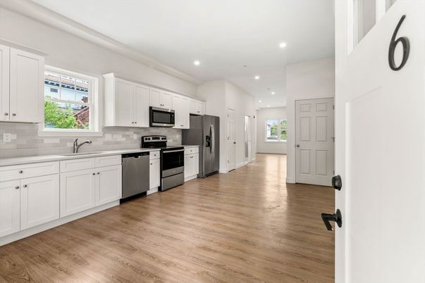 Interior, Kitchen, Recessed Lighting, Stainless Steel Appliances, Wood Texture Flooring