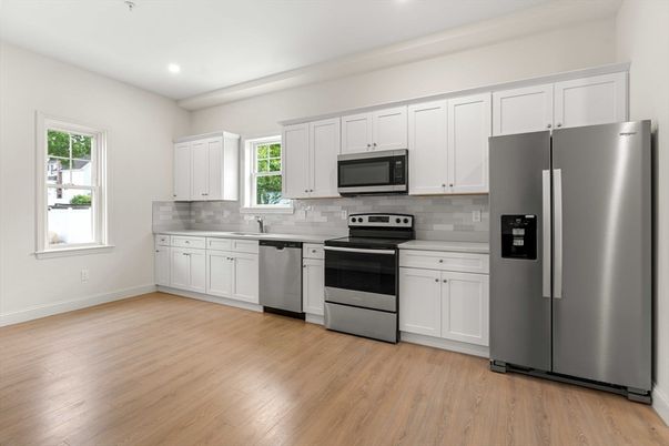 Interior, Kitchen, Recessed Lighting, Stainless Steel Appliances, Wood Texture Flooring