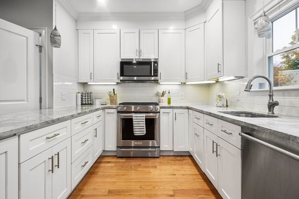Interior, Kitchen, Recessed Lighting, Stainless Steel Appliances, Wood Texture Flooring