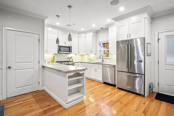 Interior, Kitchen, Pendant Lights, Recessed Lighting, Stainless Steel Appliances, Wood Texture Flooring