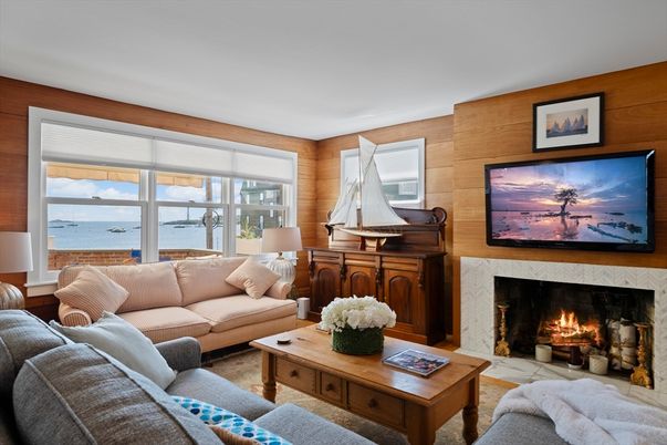 Fireplace, Interior, Living room, Water, Wooden Walls