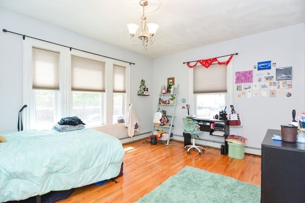 Bedroom, Chandelier, Home Office, Interior, Wood Texture Flooring