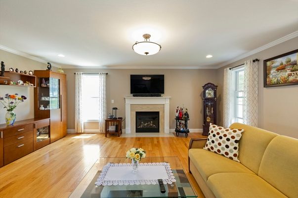 Fireplace, Interior, Living room, Recessed Lighting, Wood Texture Flooring