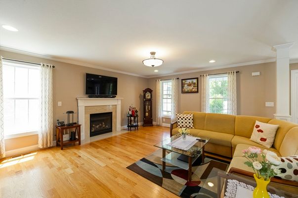 Fireplace, Interior, Living room, Recessed Lighting, Wood Texture Flooring