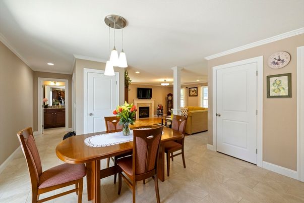 Dining room, Fireplace, Interior, Living room, Pendant Lights, Recessed Lighting