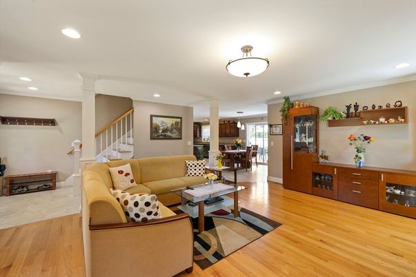 Dining room, Interior, Living room, Recessed Lighting, Wood Texture Flooring