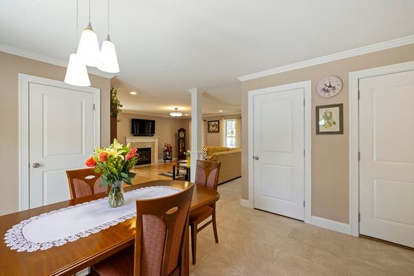 Dining room, Fireplace, Interior, Living room, Pendant Lights, Recessed Lighting