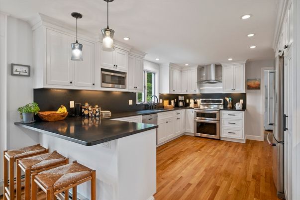Interior, Kitchen, Pendant Lights, Recessed Lighting, Stainless Steel Appliances, Wood Texture Flooring
