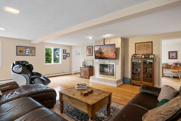 Fireplace, Interior, Living room, Recessed Lighting, Wood Texture Flooring