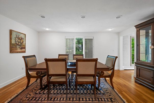 Dining room, Interior, Recessed Lighting, Wood Texture Flooring