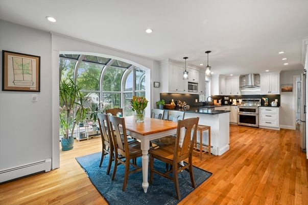 Dining room, Interior, Kitchen, Pendant Lights, Recessed Lighting, Stainless Steel Appliances, Wood Texture Flooring