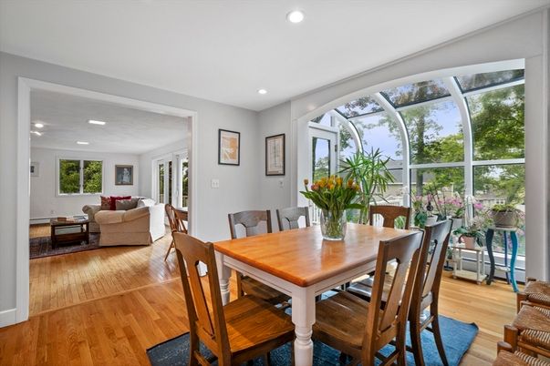 Dining room, Glass Ceilings, Interior, Living room, Recessed Lighting, Sun Room, Wood Texture Flooring