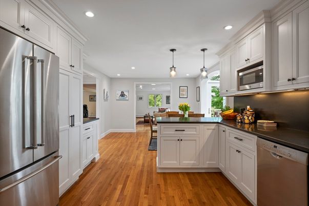 Dining room, Interior, Kitchen, Pendant Lights, Recessed Lighting, Stainless Steel Appliances, Wood Texture Flooring