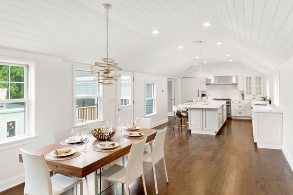 Dining room, Interior, Kitchen, Pendant Lights, Recessed Lighting, Wood Texture Flooring