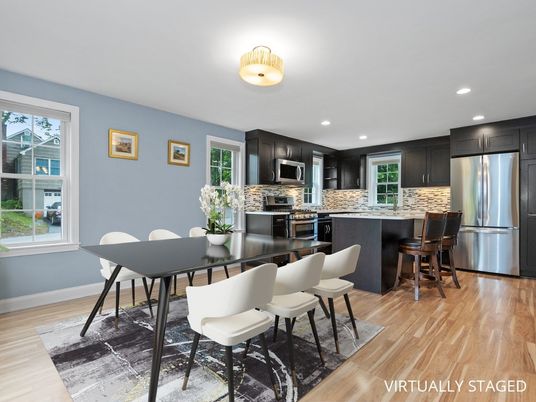 Dining room, Interior, Kitchen, Recessed Lighting, Stainless Steel Appliances, Wood Texture Flooring