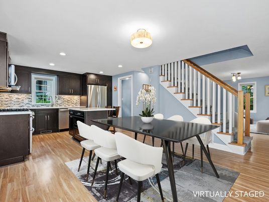 Dining room, Interior, Kitchen, Recessed Lighting, Stainless Steel Appliances, Wood Texture Flooring