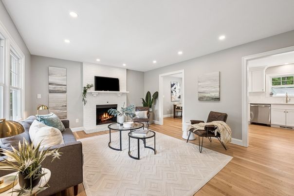 Fireplace, Interior, Living room, Recessed Lighting, Wood Texture Flooring