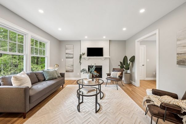 Fireplace, Interior, Living room, Recessed Lighting, Wood Texture Flooring
