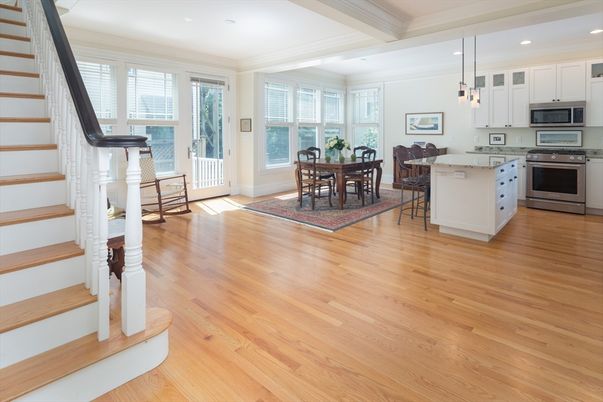 Dining room, Interior, Kitchen, Pendant Lights, Recessed Lighting, Stainless Steel Appliances, Wood Texture Flooring