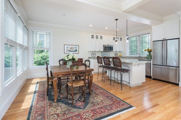 Dining room, Interior, Kitchen, Pendant Lights, Recessed Lighting, Stainless Steel Appliances, Wood Texture Flooring