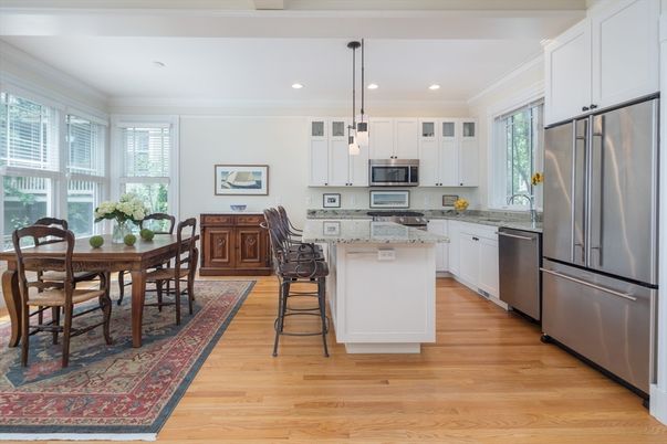 Dining room, Interior, Kitchen, Pendant Lights, Recessed Lighting, Stainless Steel Appliances, Wood Texture Flooring