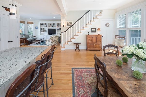 Dining room, Interior, Living room, Recessed Lighting, Wood Texture Flooring