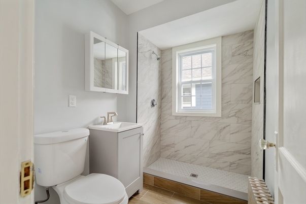 Bathroom, Interior, Marble Walls, Wood Texture Flooring