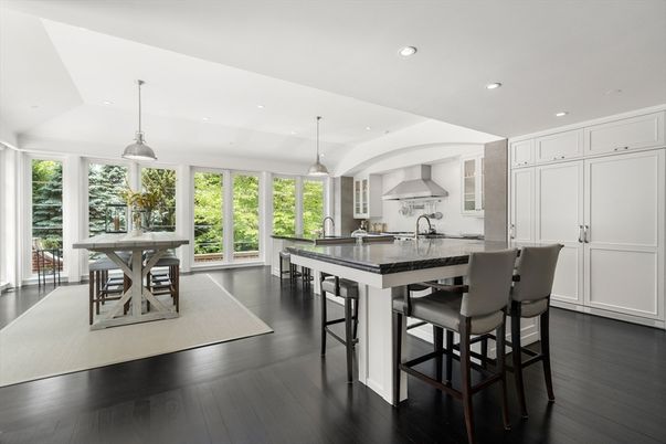 Dining room, Interior, Kitchen, Pendant Lights, Recessed Lighting, Wood Texture Flooring