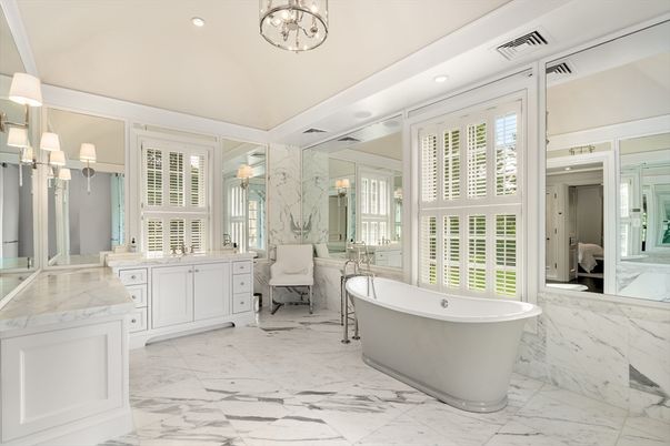 Bathroom, Free Standing Baths, Interior, Marble, Marble Walls, Recessed Lighting