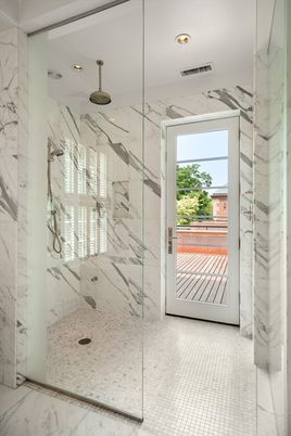 Bathroom, Glass Shower, Interior, Marble Walls, Recessed Lighting