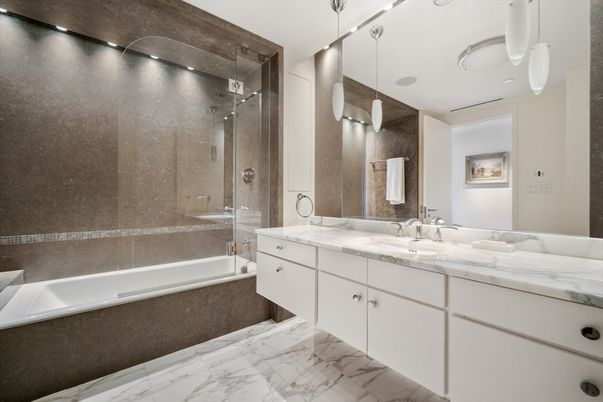 Bathroom, Dual Sink Vanities, Glass Shower, Interior, Marble, Recessed Lighting
