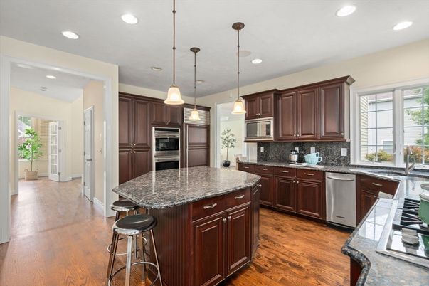 Interior, Kitchen, Pendant Lights, Recessed Lighting, Stainless Steel Appliances, Wood Texture Flooring