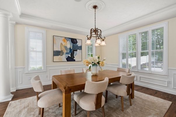 Chandelier, Dining room, Interior, Pendant Lights, Wood Texture Flooring