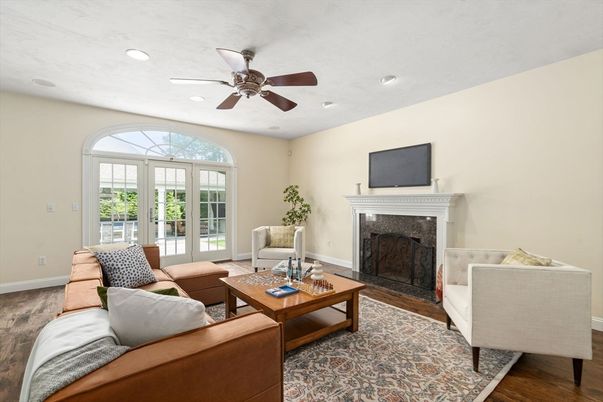 Fireplace, Interior, Living room, Recessed Lighting, Wood Texture Flooring